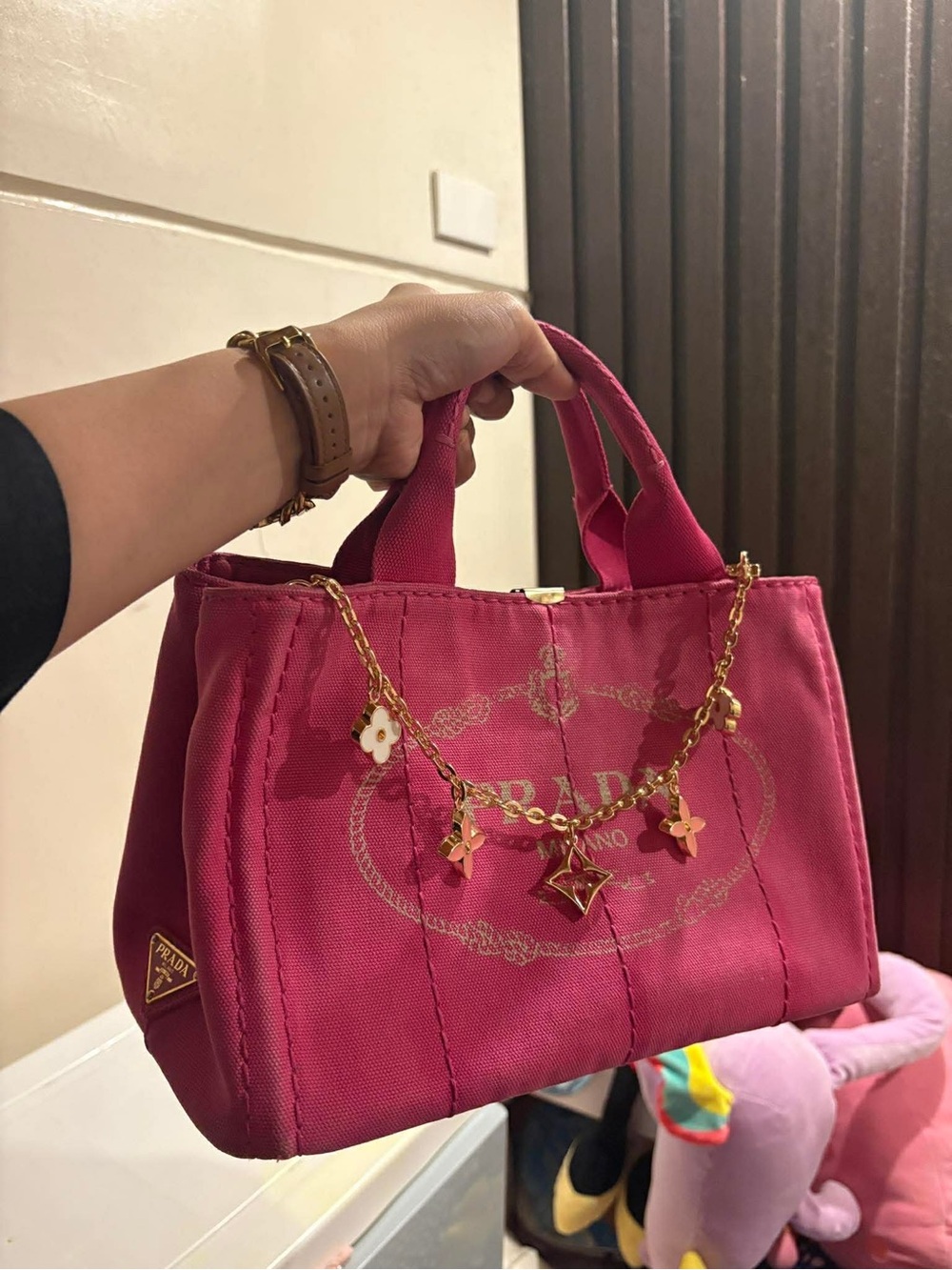 Prada Hot Pink Canvas Mini Tote with Gold Charm Chain